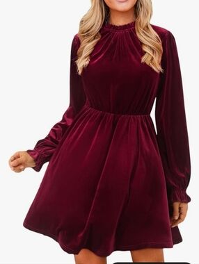 JECEIKA Velvet Crew Neck Long Sleeve Poet Cocktail Paneled Midi Dress Medium